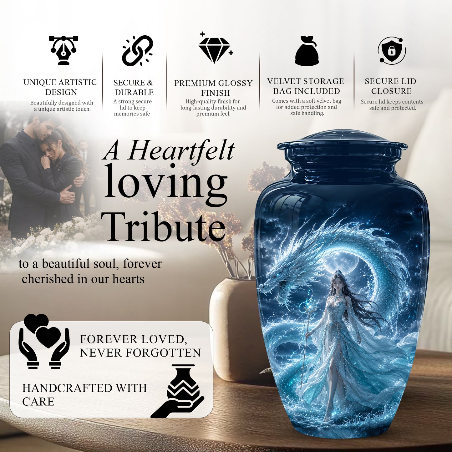 Dragon And Moon Goddess Fantasy Urn - Artistic Memorial Urns For Ashes