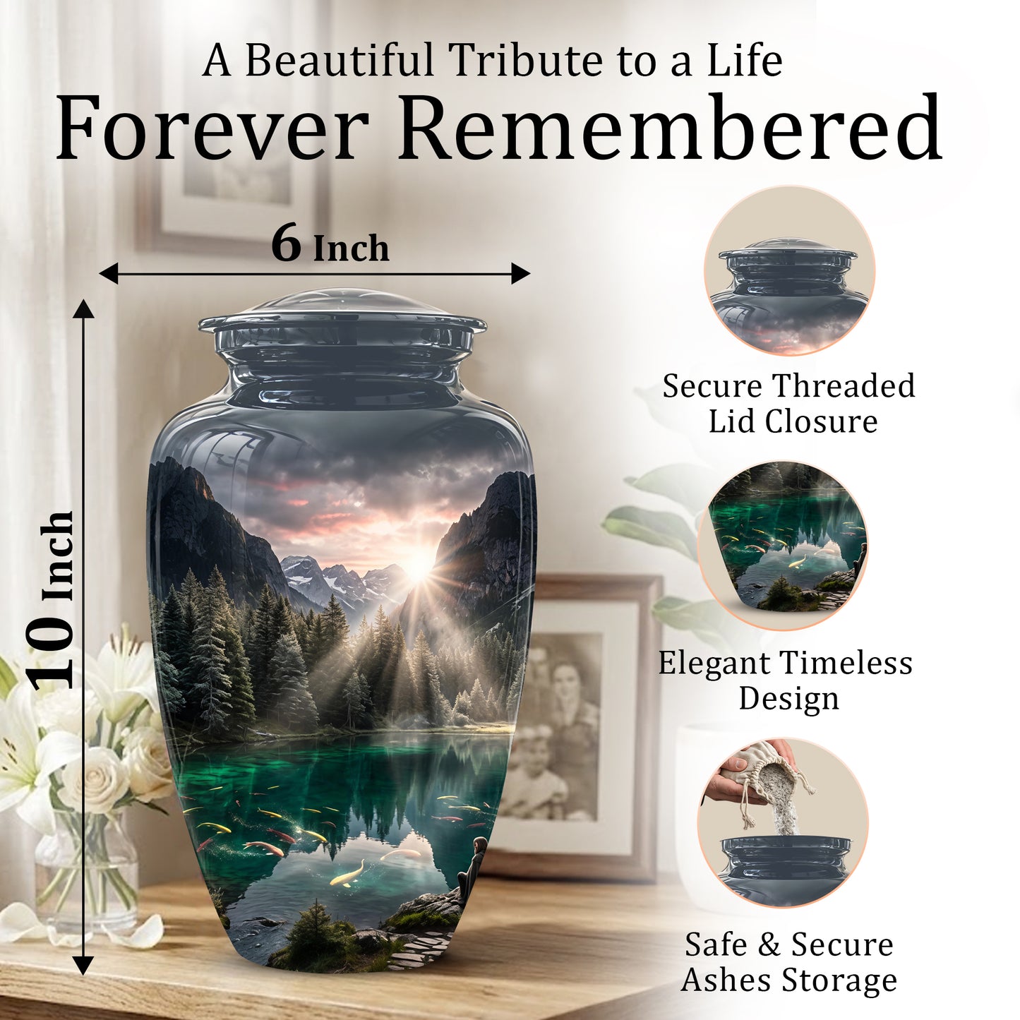 Mountain Lake Cremation Urn - Elegant Nature Urns For Human Ashes