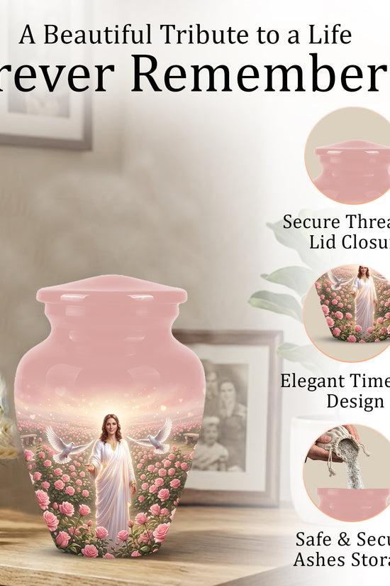 Jesus Christ And Roses Cremation Urn - Dove Memorial Urn For Ashes