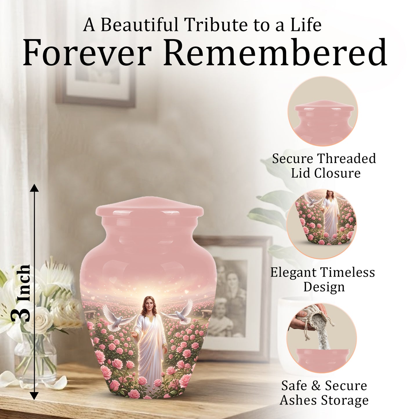 Jesus Christ And Roses Cremation Urn - Dove Memorial Urn For Ashes