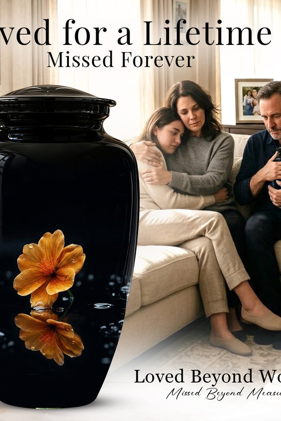 Decorative Yellow Flower Themed Urn - Decorative Black Urns For Ashes