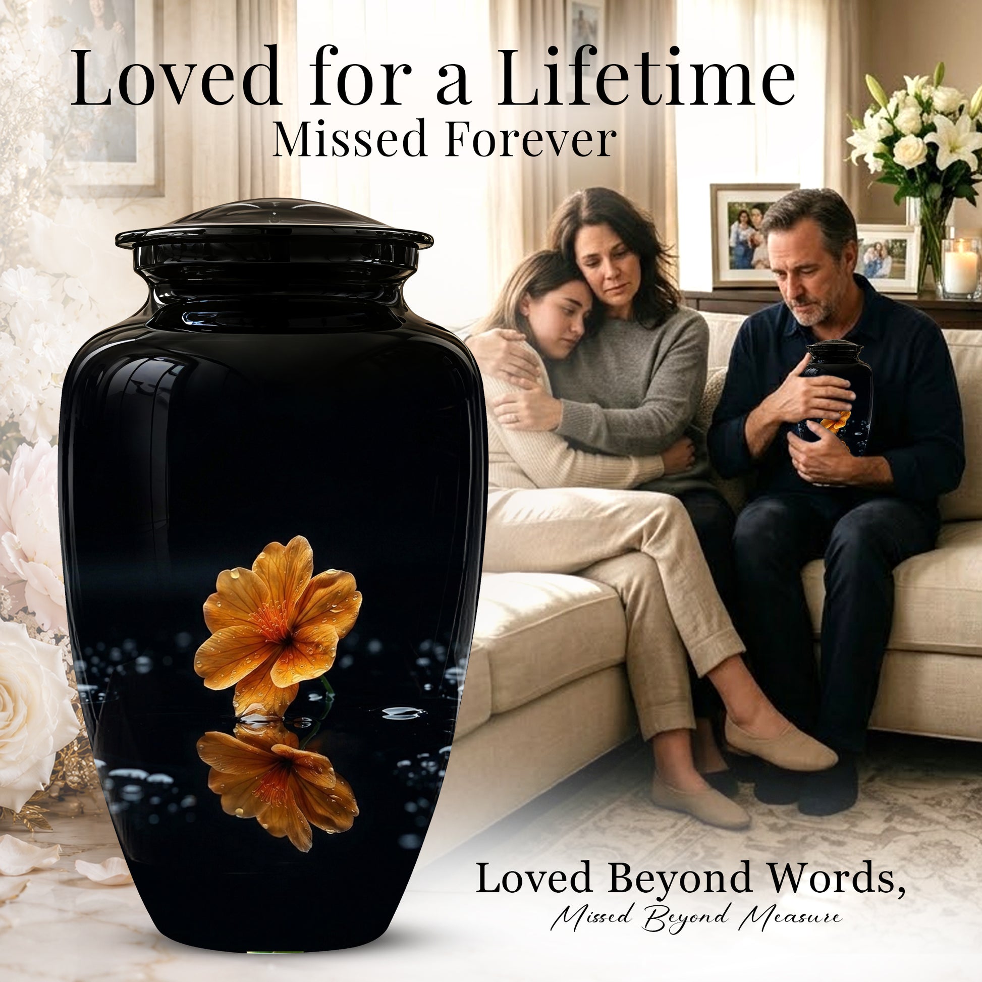 Decorative Yellow Flower Themed Urn - Decorative Black Urns For Ashes