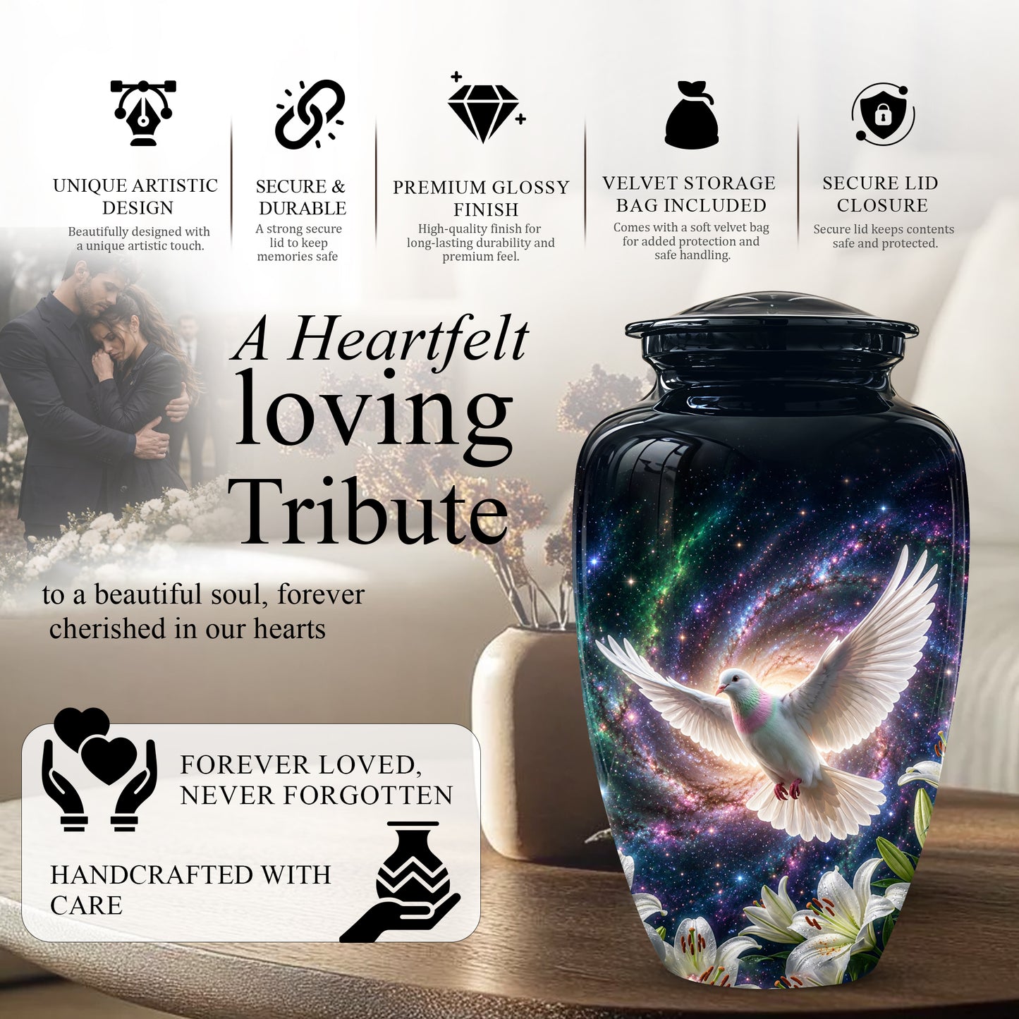White Flying Dove Cremation Urn - Personalized Black Memorial Urns