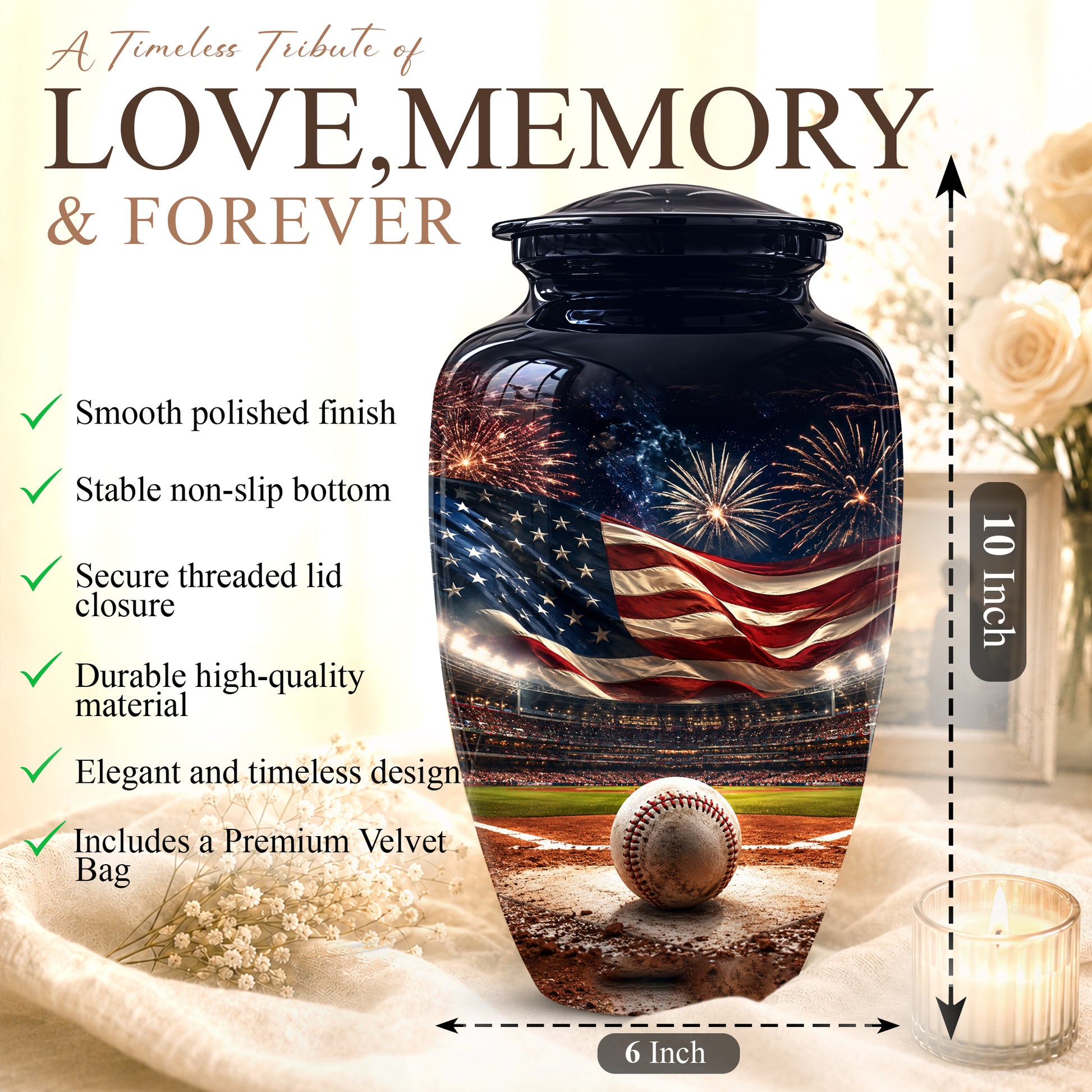 Personalized Baseball Urn with American Flag – Patriotic Urn for Human Ashes
