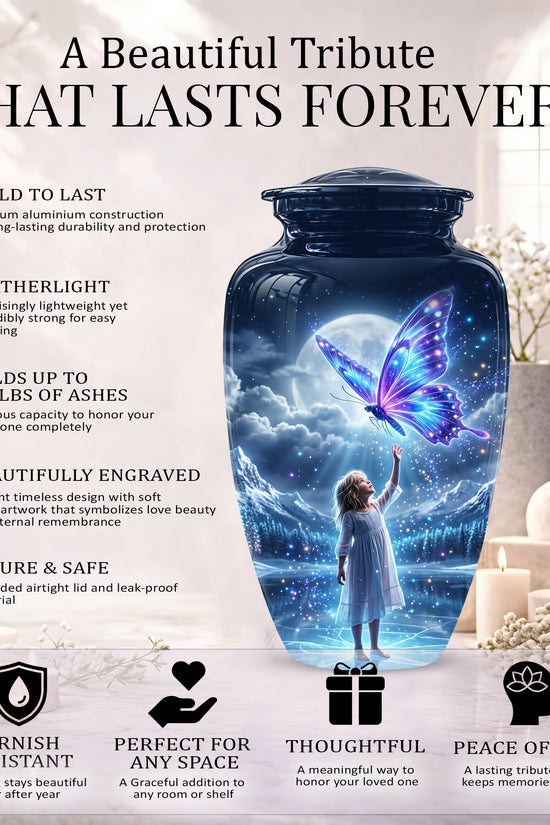Colorful Butterfly With Girl Child - Beautiful Funeral Urns For Ashes