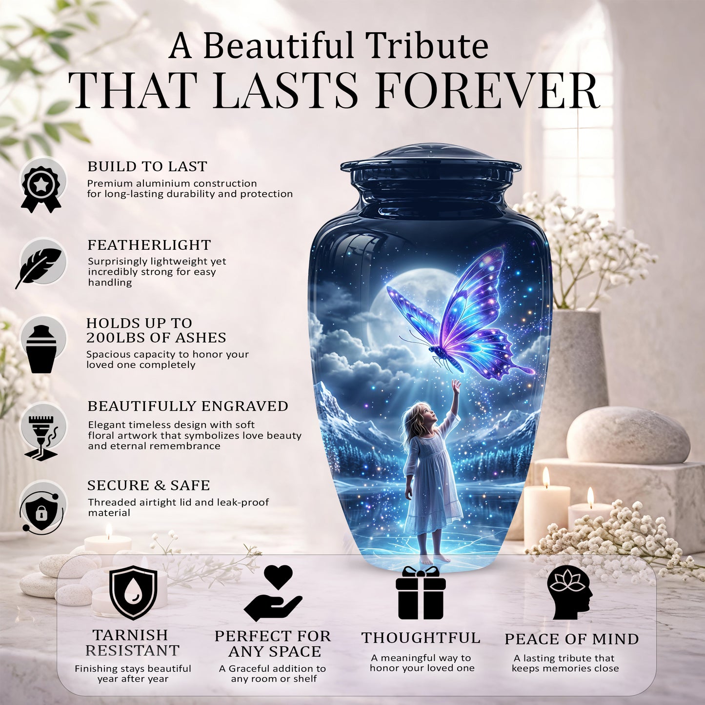 Colorful Butterfly With Girl Child - Beautiful Funeral Urns For Ashes