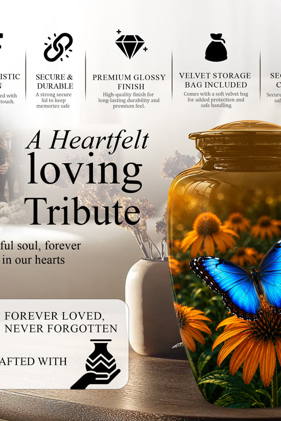 Blue Butterfly On Flower Cremation Urn - Personalized Urns For Mom Ashes