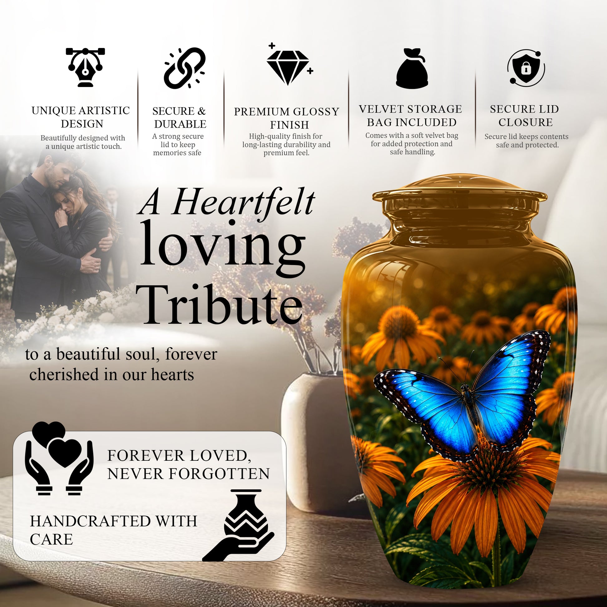 Blue Butterfly On Flower Cremation Urn - Personalized Urns For Mom Ashes