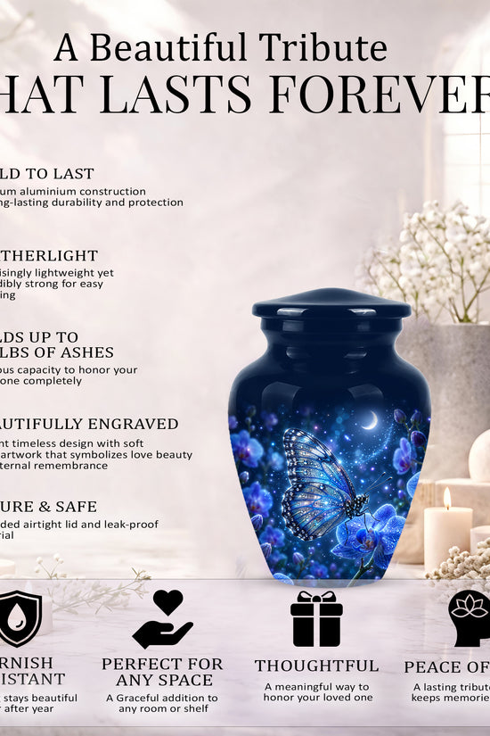 Blue Butterfly On Flower -Starry Night Burial Urns For Human Ashes