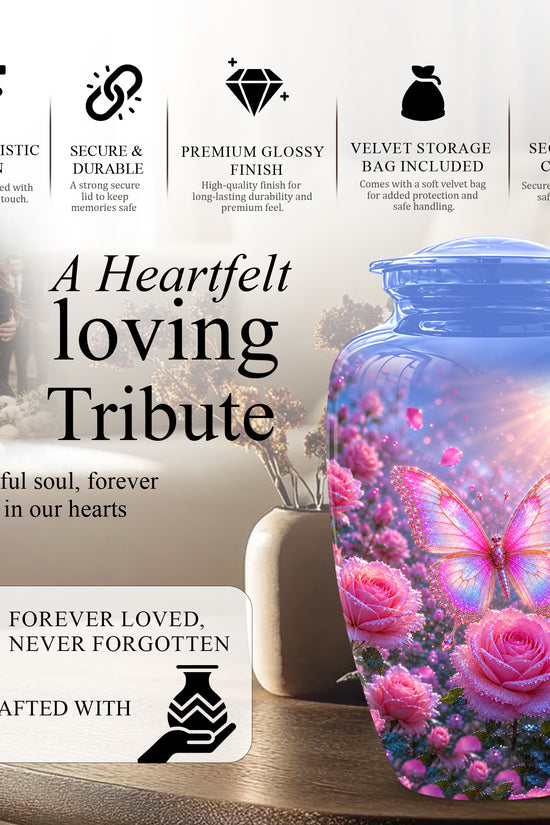 Pink Butterfly On Flower Funeral Urn - Handcrafted Urns For Mom Ashes
