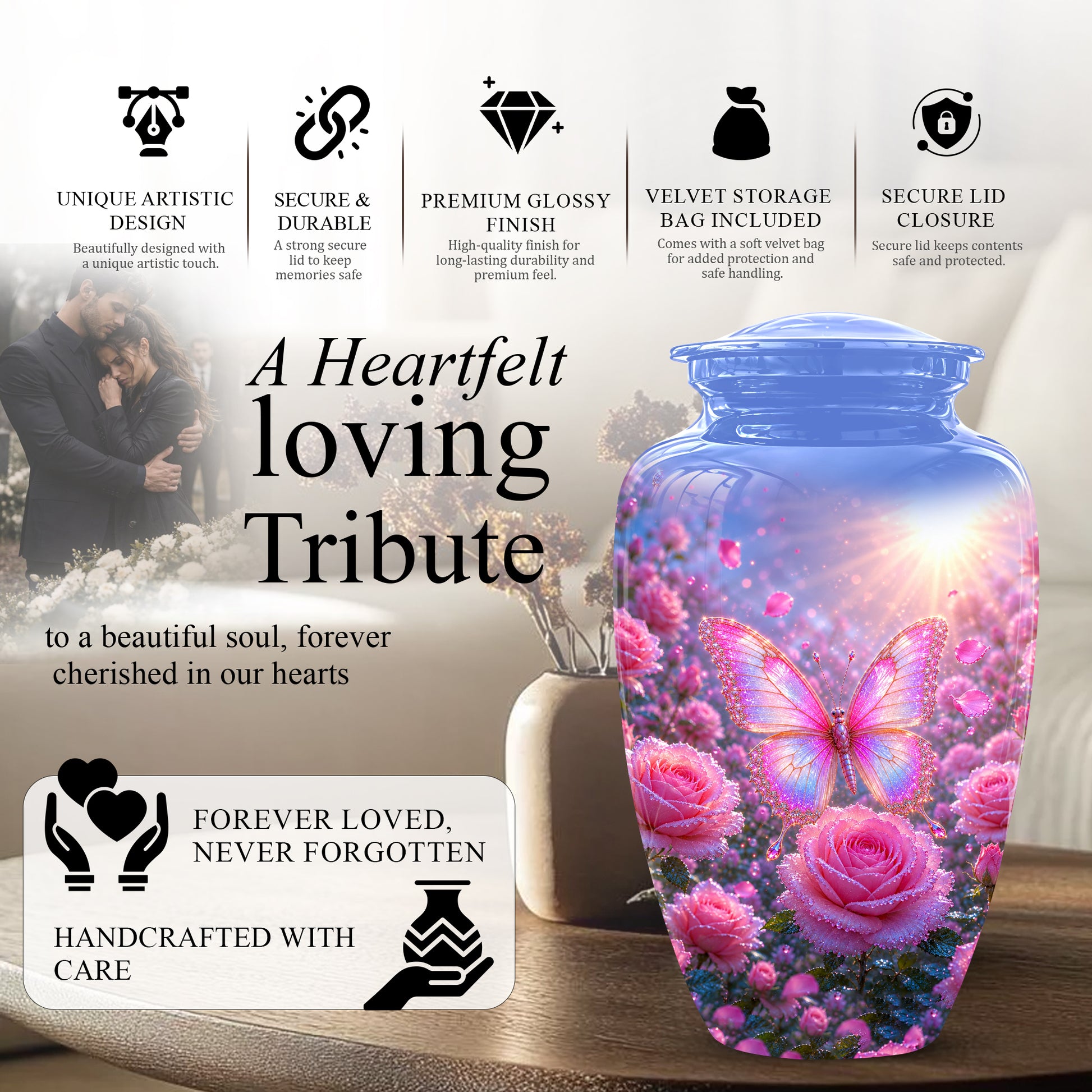 Pink Butterfly On Flower Funeral Urn - Handcrafted Urns For Mom Ashes