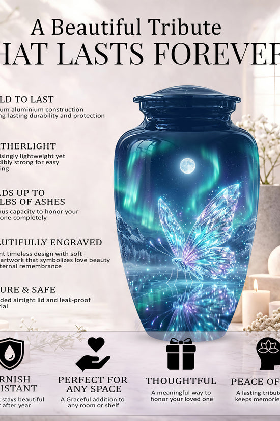 Glowing Butterfly Cremation Urn - Beautiful Blue Memorial Urns For Mom