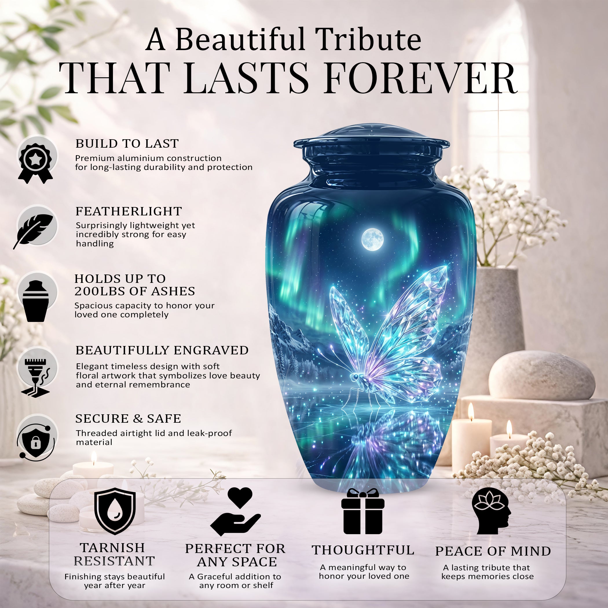 Glowing Butterfly Cremation Urn - Beautiful Blue Memorial Urns For Mom
