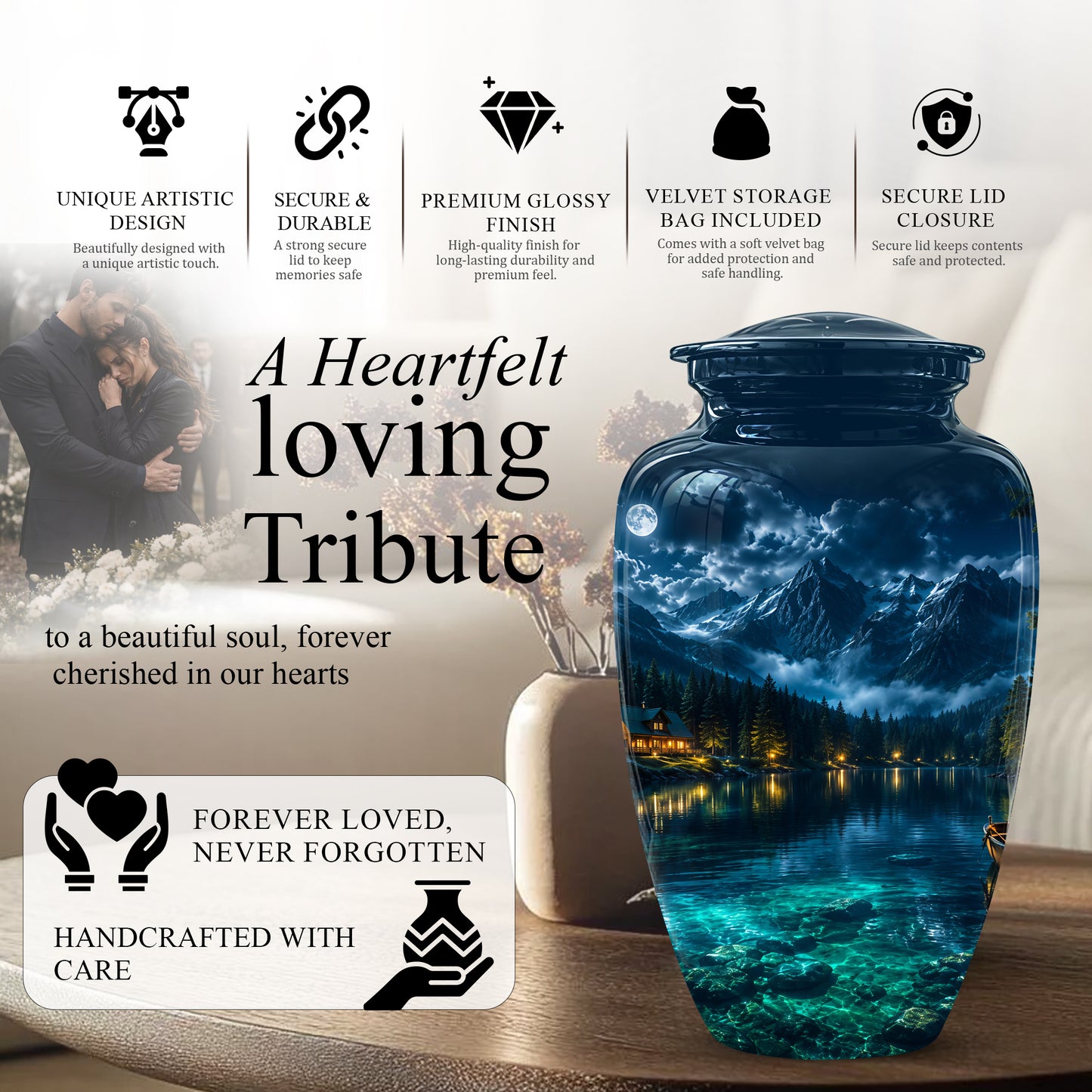 Mountain Lake Cremation Urn - Night Landscape Urns For Human Ashes