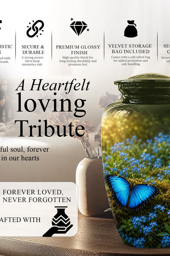 Handcrafted Blue Butterfly Memorial Urn - Elegant Funeral Urns For Mom
