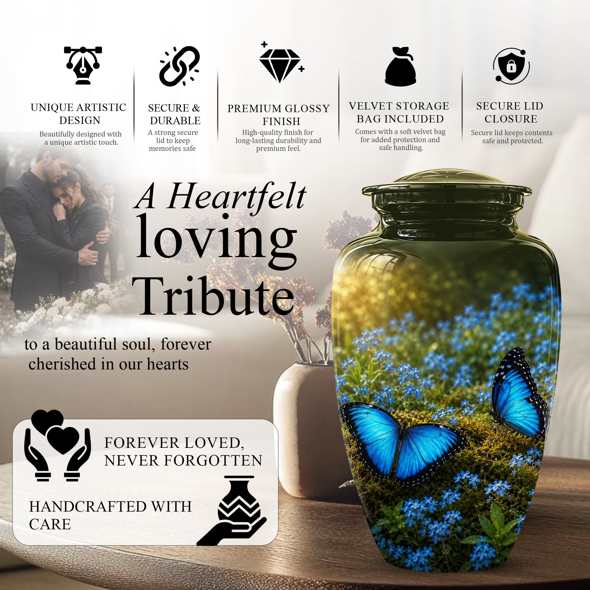 Handcrafted Blue Butterfly Memorial Urn - Elegant Funeral Urns For Mom