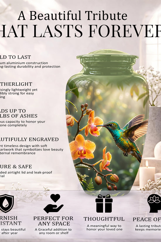 Colorful Hummingbird Urn - Green Cremation Urn For Nature Lovers Ashes