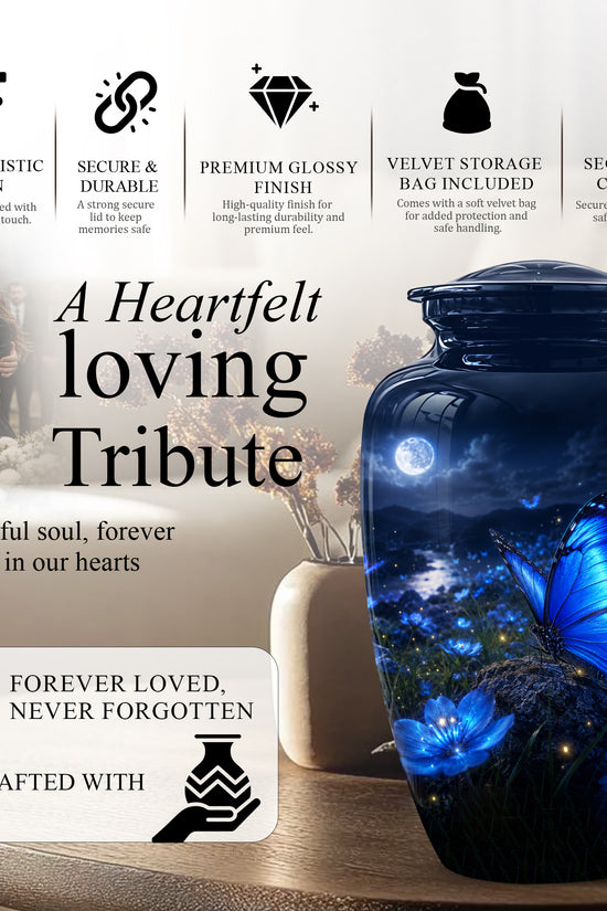 Personalized Blue Butterfly Cremation Urn - Handcrafted Urns For Women