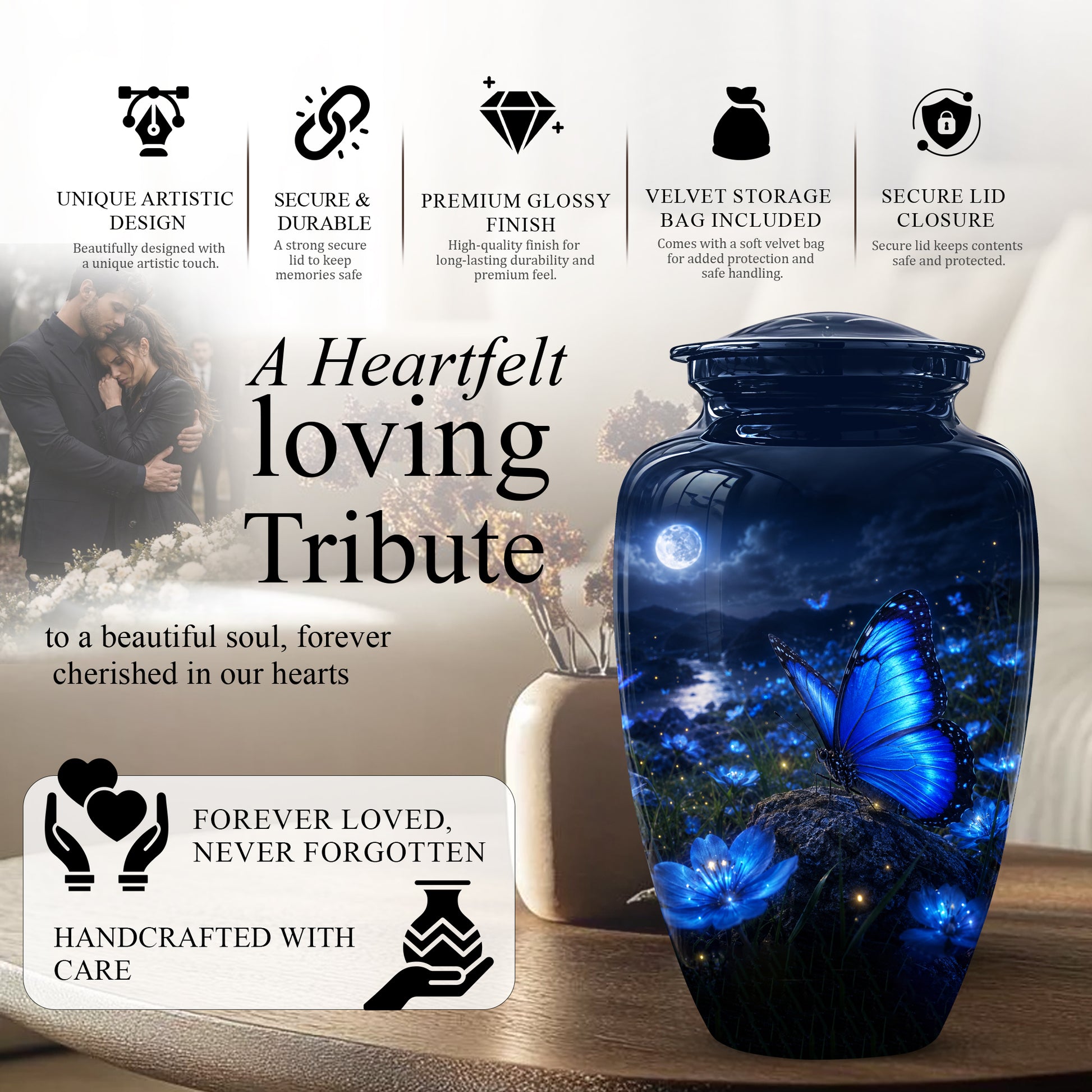 Personalized Blue Butterfly Cremation Urn - Handcrafted Urns For Women