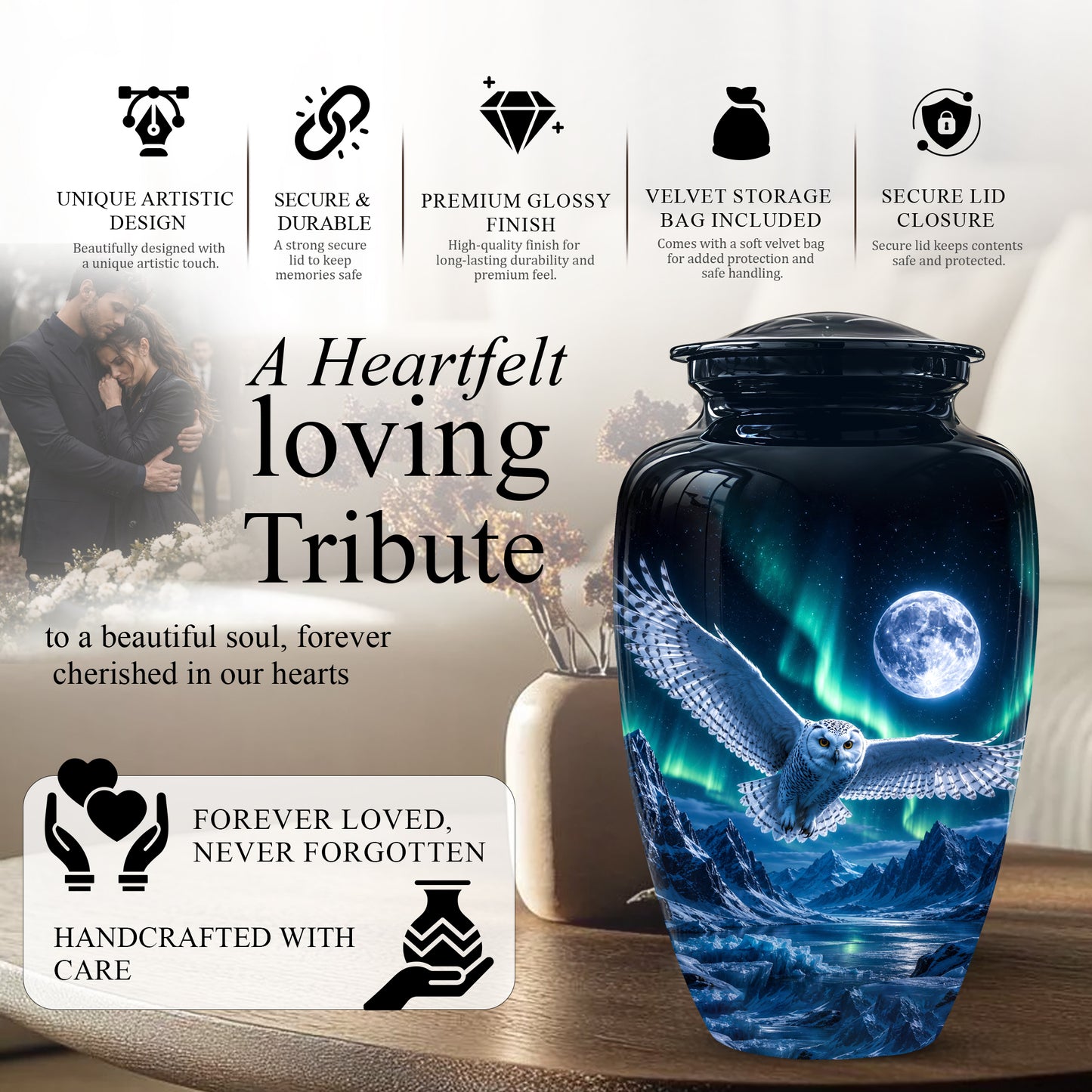 Flying Owl Adult Memorial Urn - Artistic Handcrafted Burial Urns For Ashes