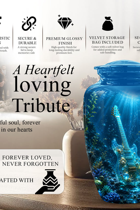 Underwater Guitar Themed Urn -Peaceful Memorial Tribute Urns For Ashes