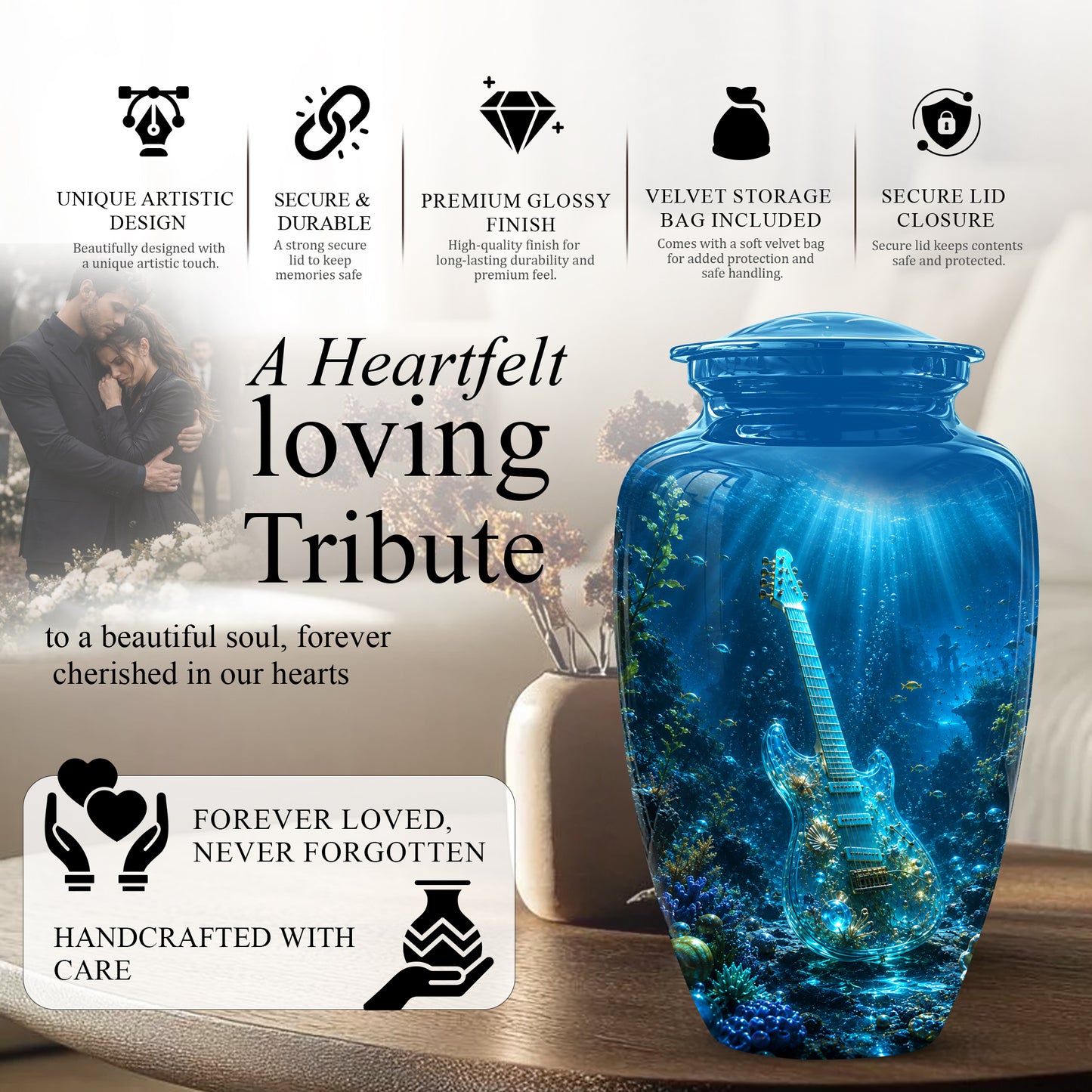 Underwater Guitar Themed Urn -Peaceful Memorial Tribute Urns For Ashes