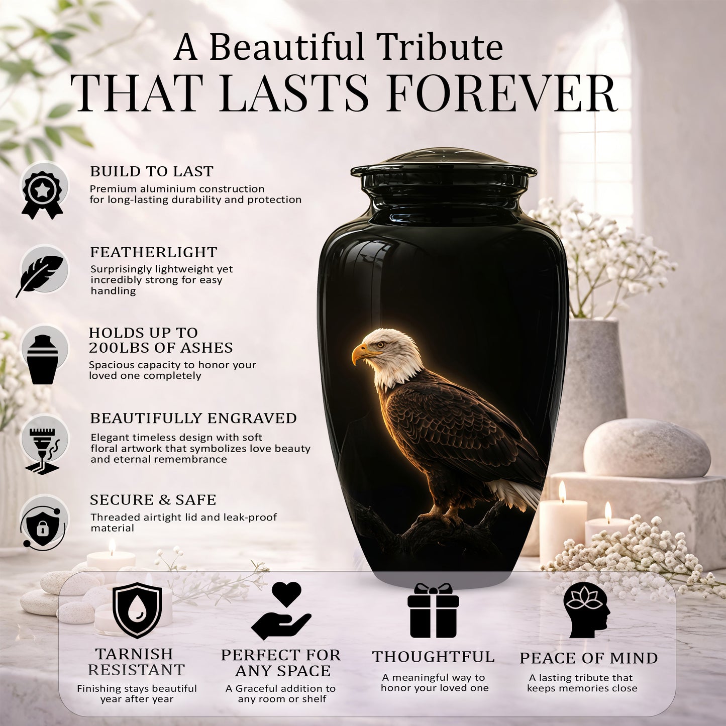 Bald Eagle Cremation Urn - Personalized Black Urns For Human Ashes