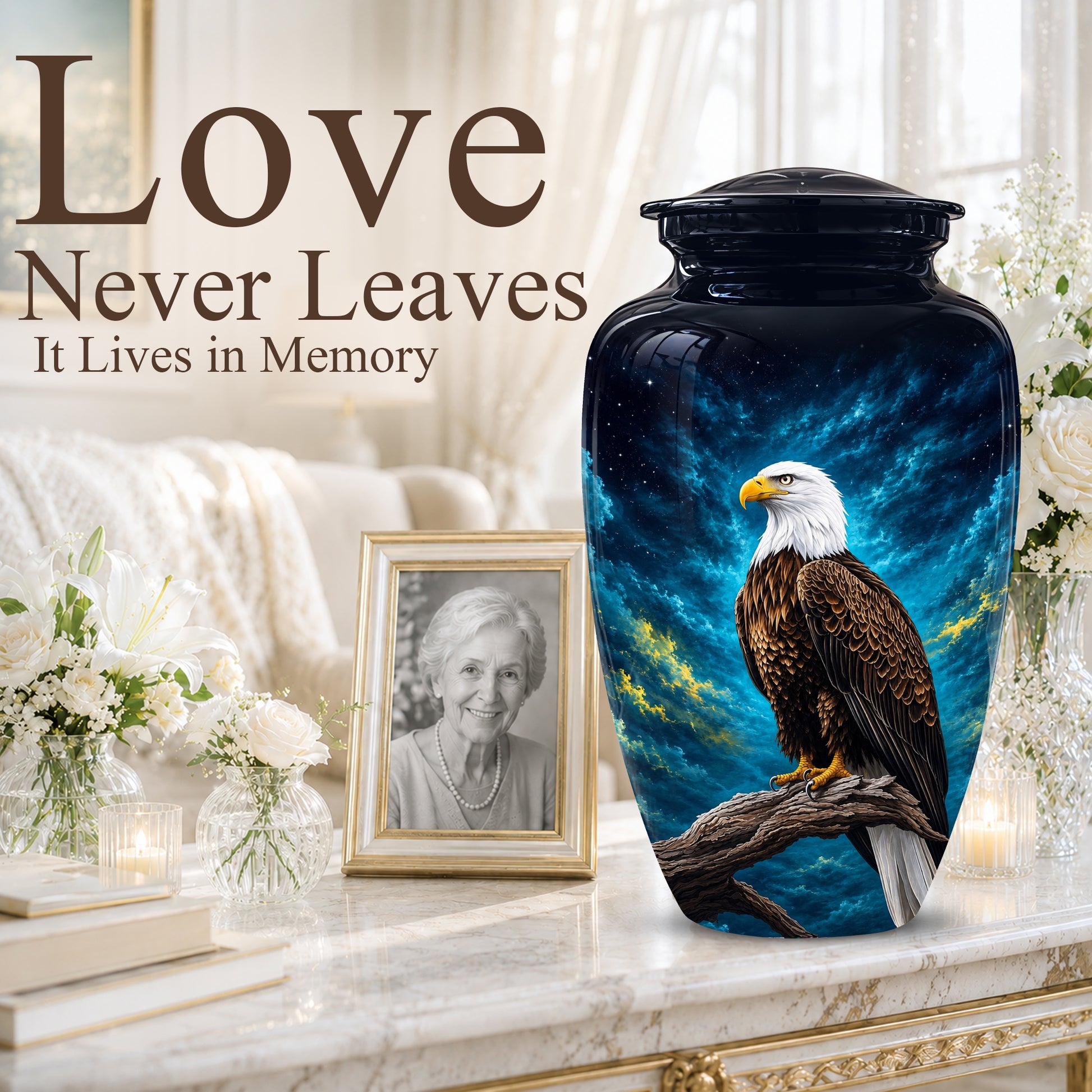Cosmic Bald Eagle Cremation Urn - Decorative Memorial Urns For Human Ashes
