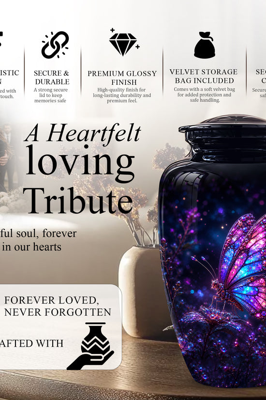 Glowing Purple Butterfly Cremation Urn - Custom Urns For Women Ashes