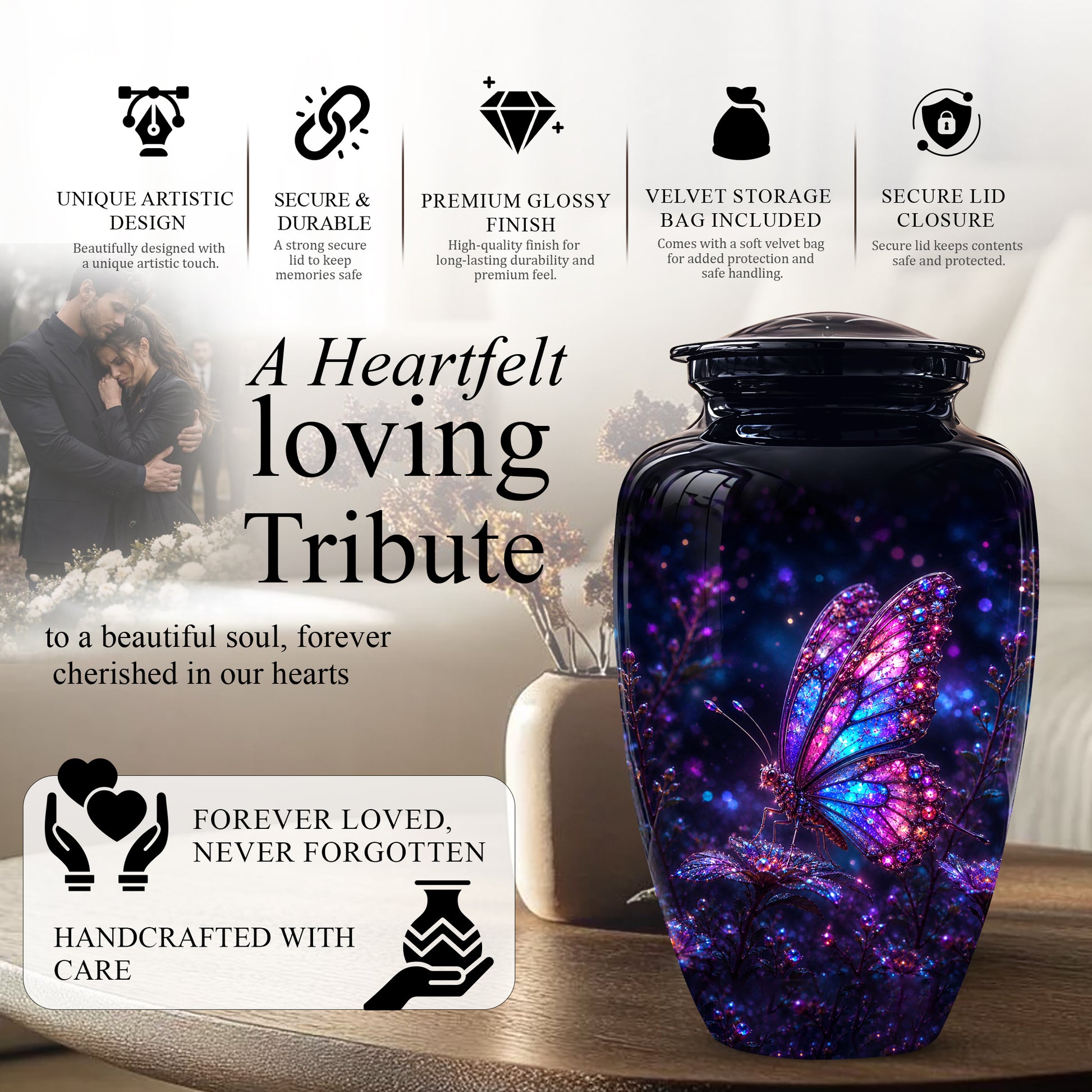 Glowing Purple Butterfly Cremation Urn - Custom Urns For Women Ashes