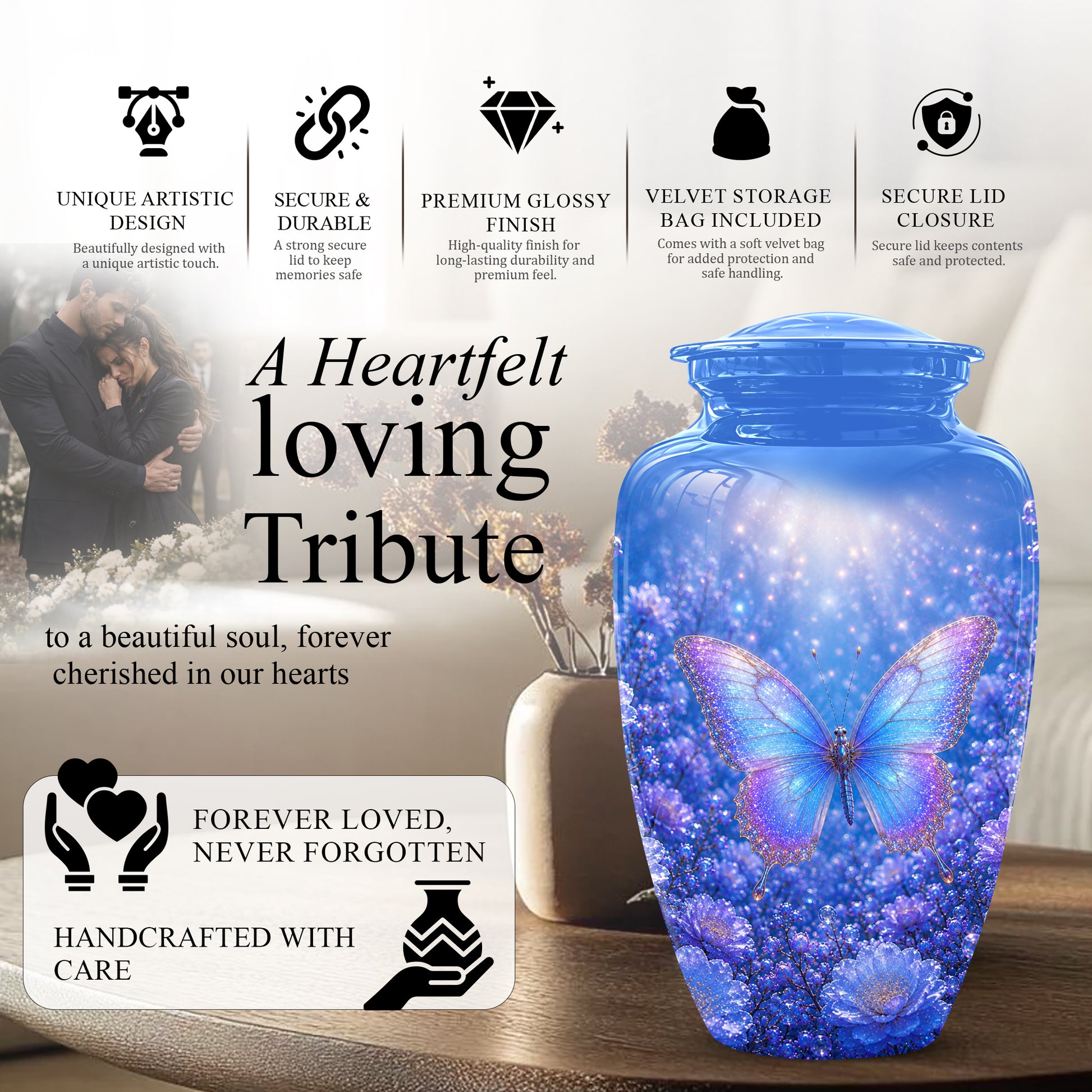 Heavenly Butterfly Memorial Urn - Blue Butterfly Urns For Women Ashes