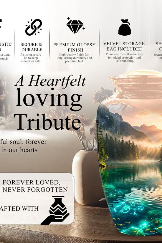 Serene Mountain Lake Cremation Urn- Custom Memorial Art Urns For Ashes