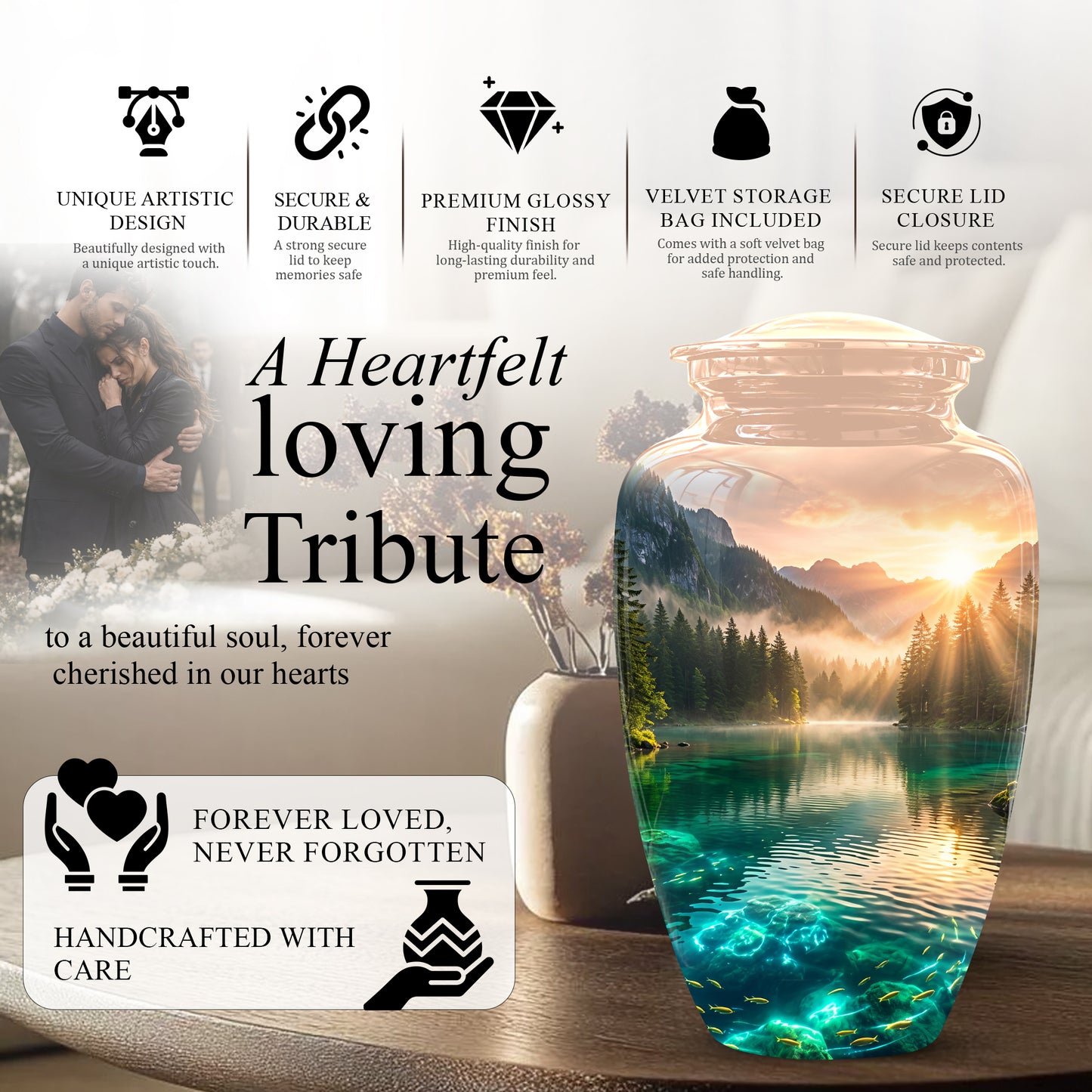 Serene Mountain Lake Cremation Urn- Custom Memorial Art Urns For Ashes