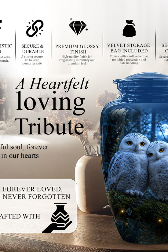 Snowy Owl Cremation Urn - Majestic Blue Memorial Urns For Human Ashes