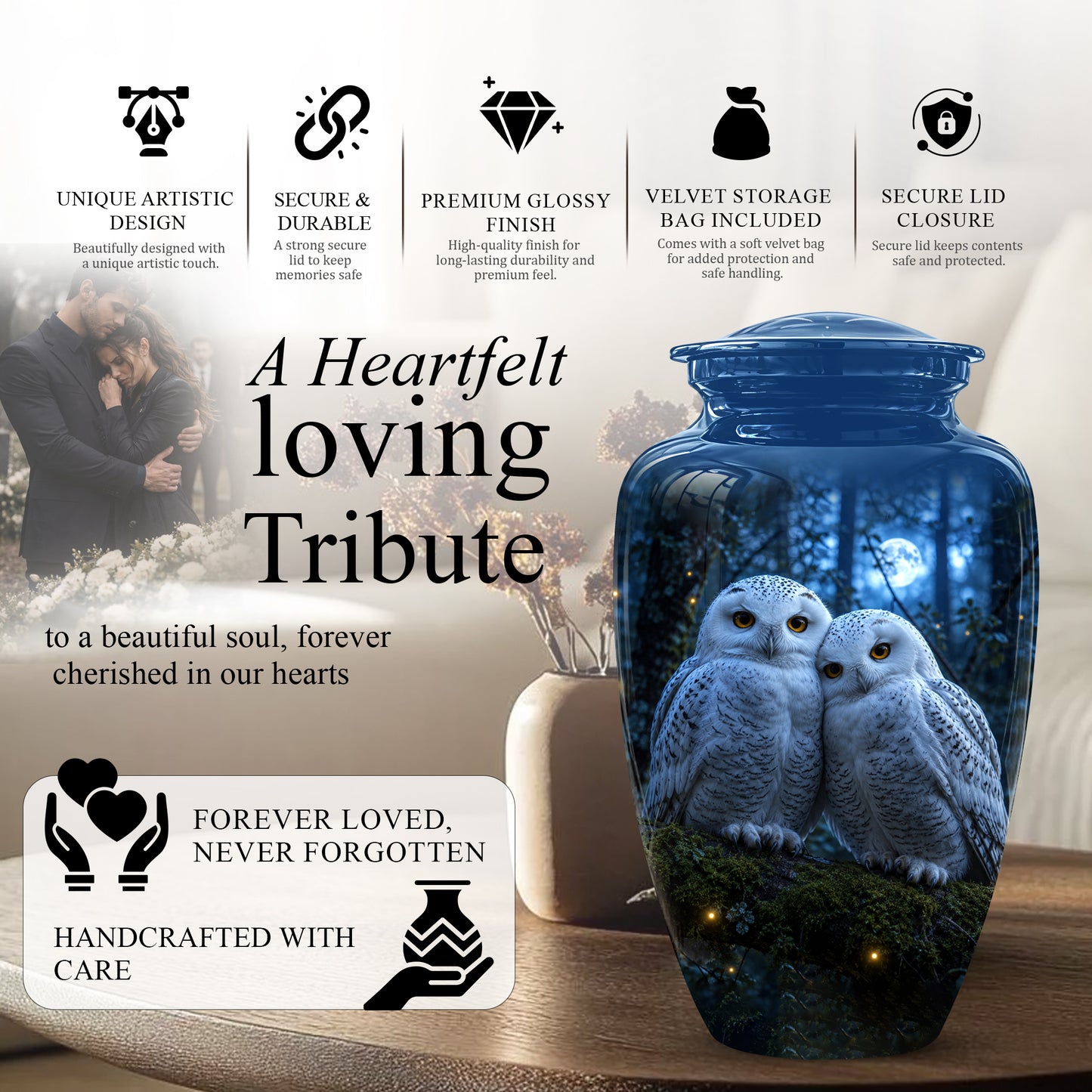 Snowy Owl Cremation Urn - Majestic Blue Memorial Urns For Human Ashes
