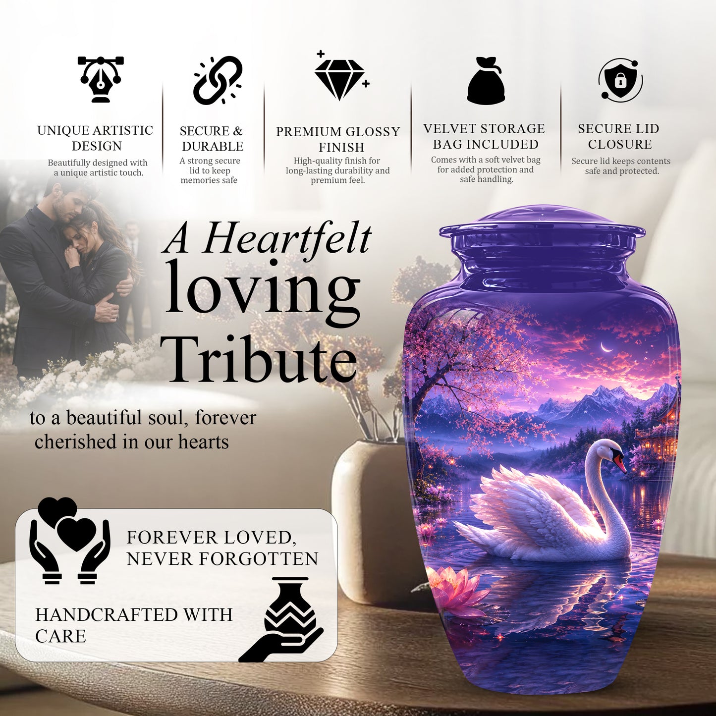 Swan & Cherry Blossom Serenade Urn - Beautiful Custom Urns For Ashes