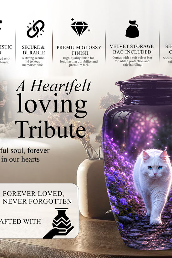 White Cat Cremation Urn - Personalized Burial Urns For Pet Ashes