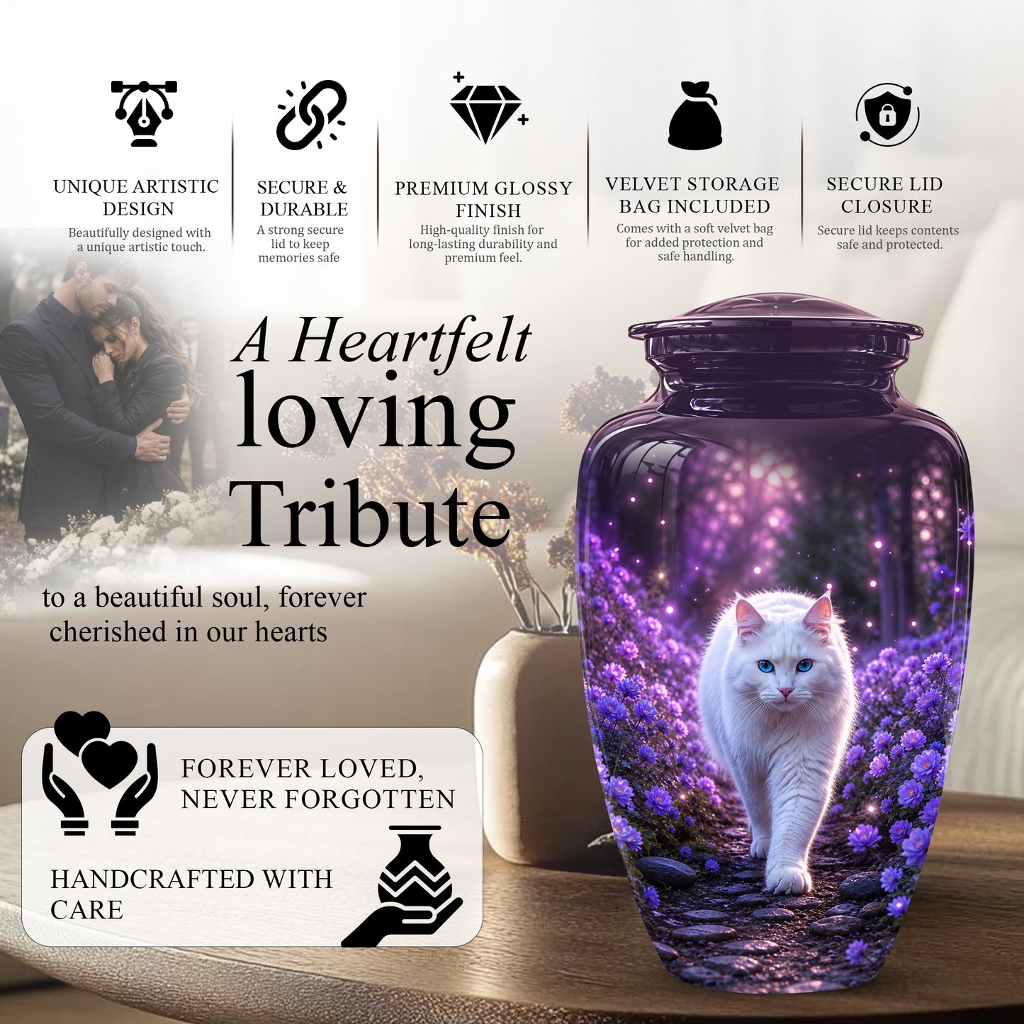 White Cat Cremation Urn - Personalized Burial Urns For Pet Ashes