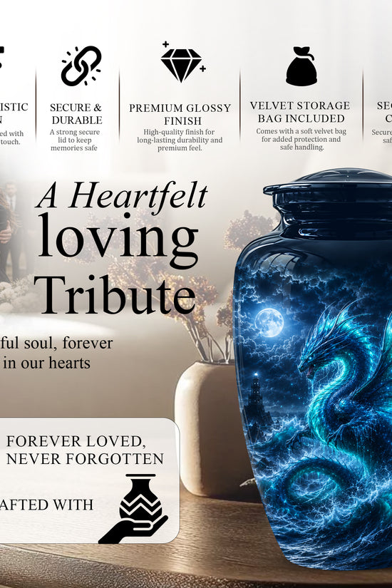Mystical Blue Dragon Cremation Urn - Custom Handmade Burial Urns