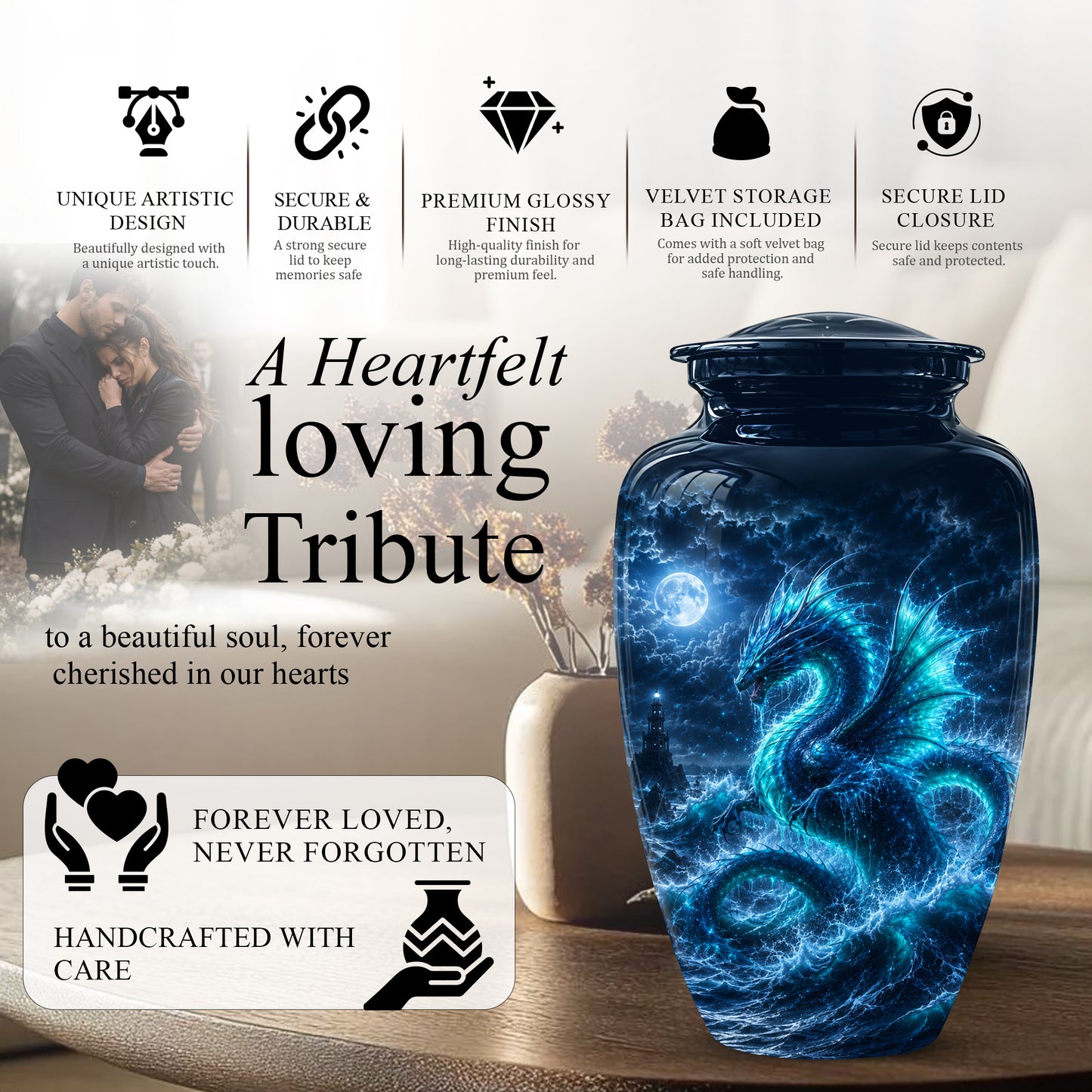Mystical Blue Dragon Cremation Urn - Custom Handmade Burial Urns