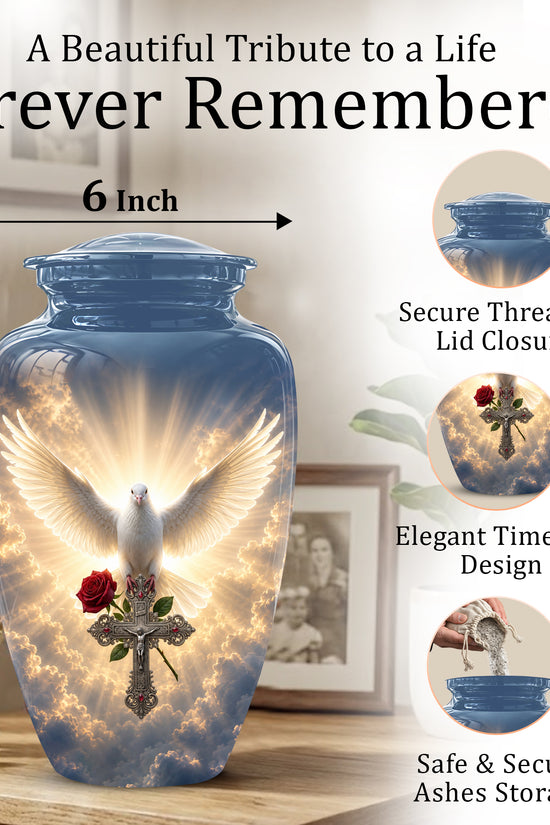 White Dove Bird With Rose - Blue Memorial Urns For Human Ashes