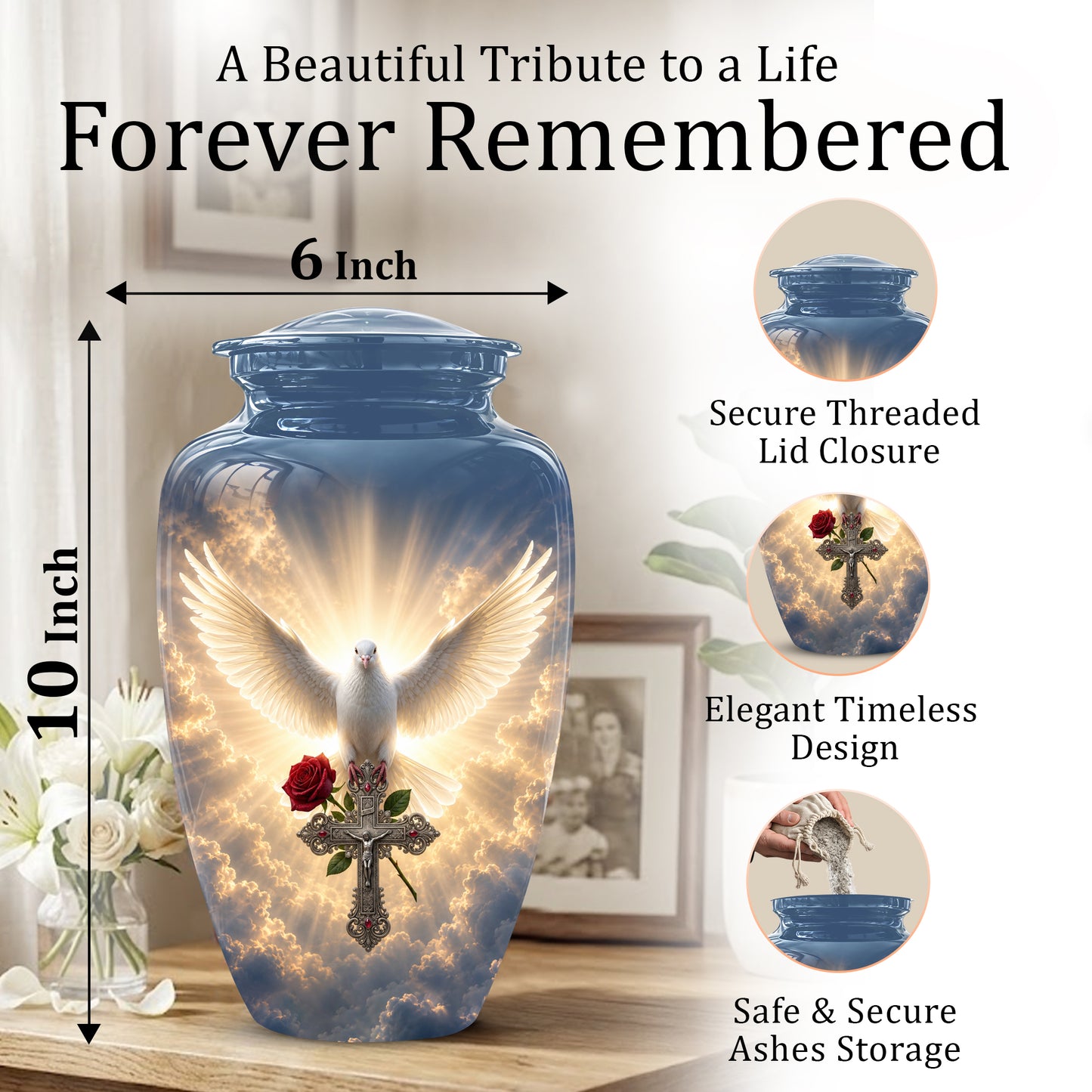 White Dove Bird With Rose - Blue Memorial Urns For Human Ashes