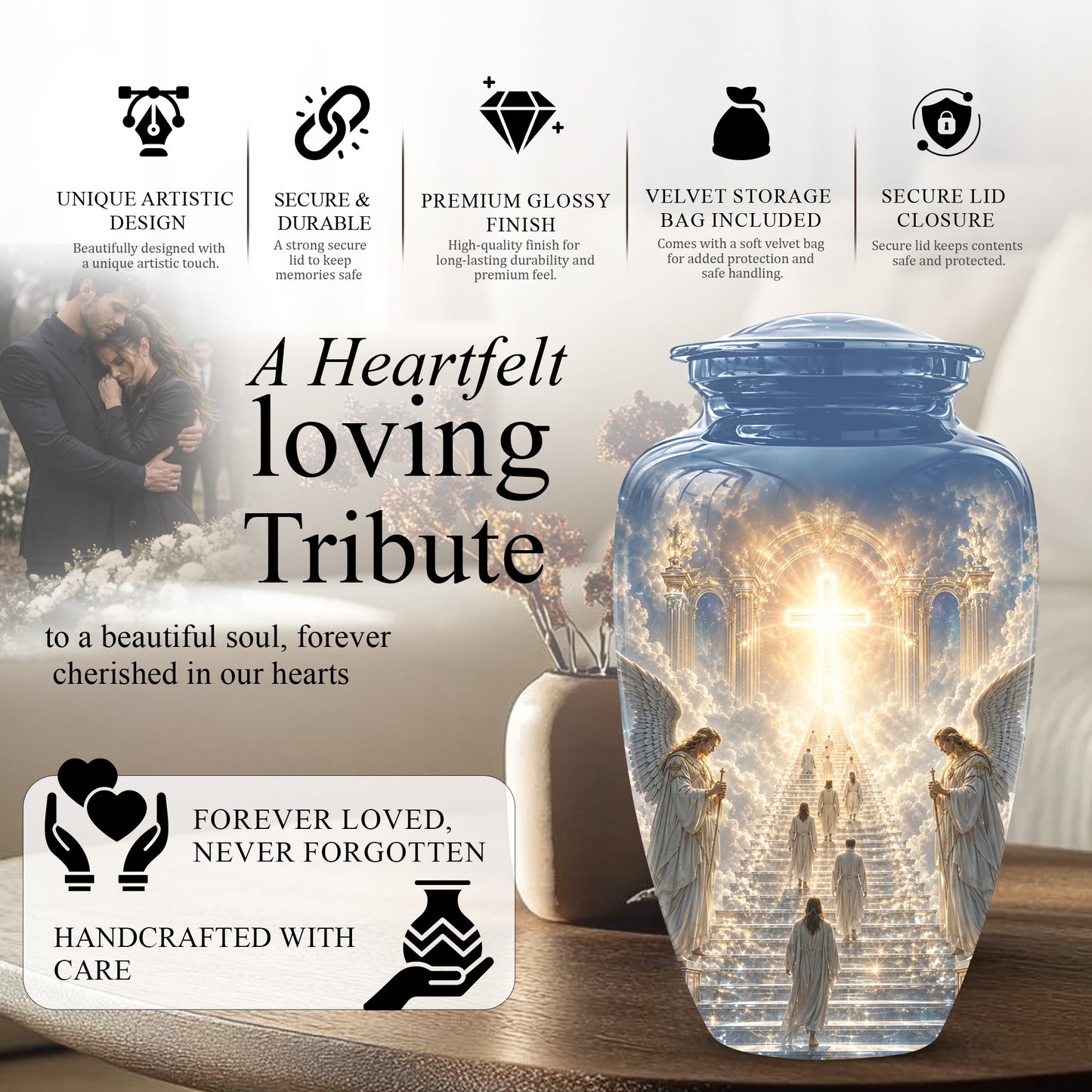 Heaven’s Gate Cross Cremation Urn – Angel Memorial Urn For Human Ashes