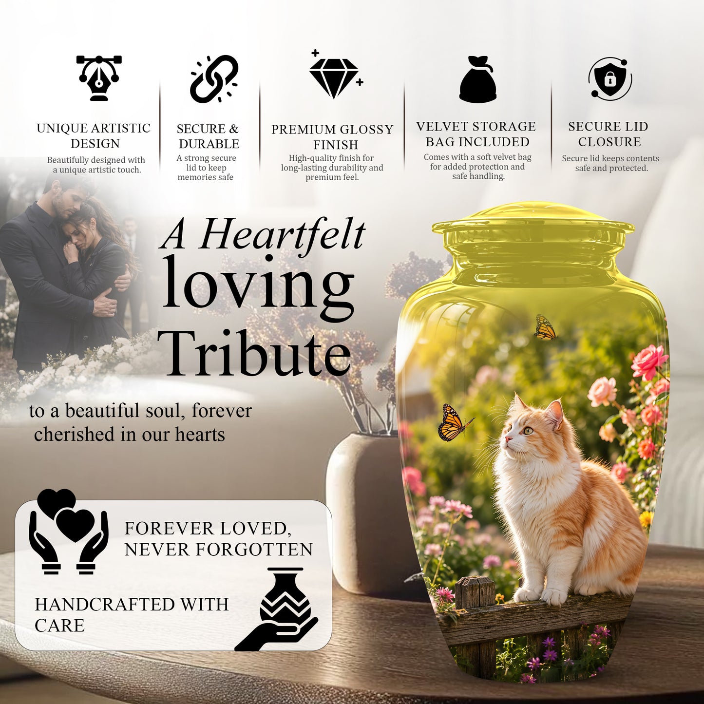 Orange Cat Cremation Urn - Beautiful Eternal Tribute Urn For Pet Ashes
