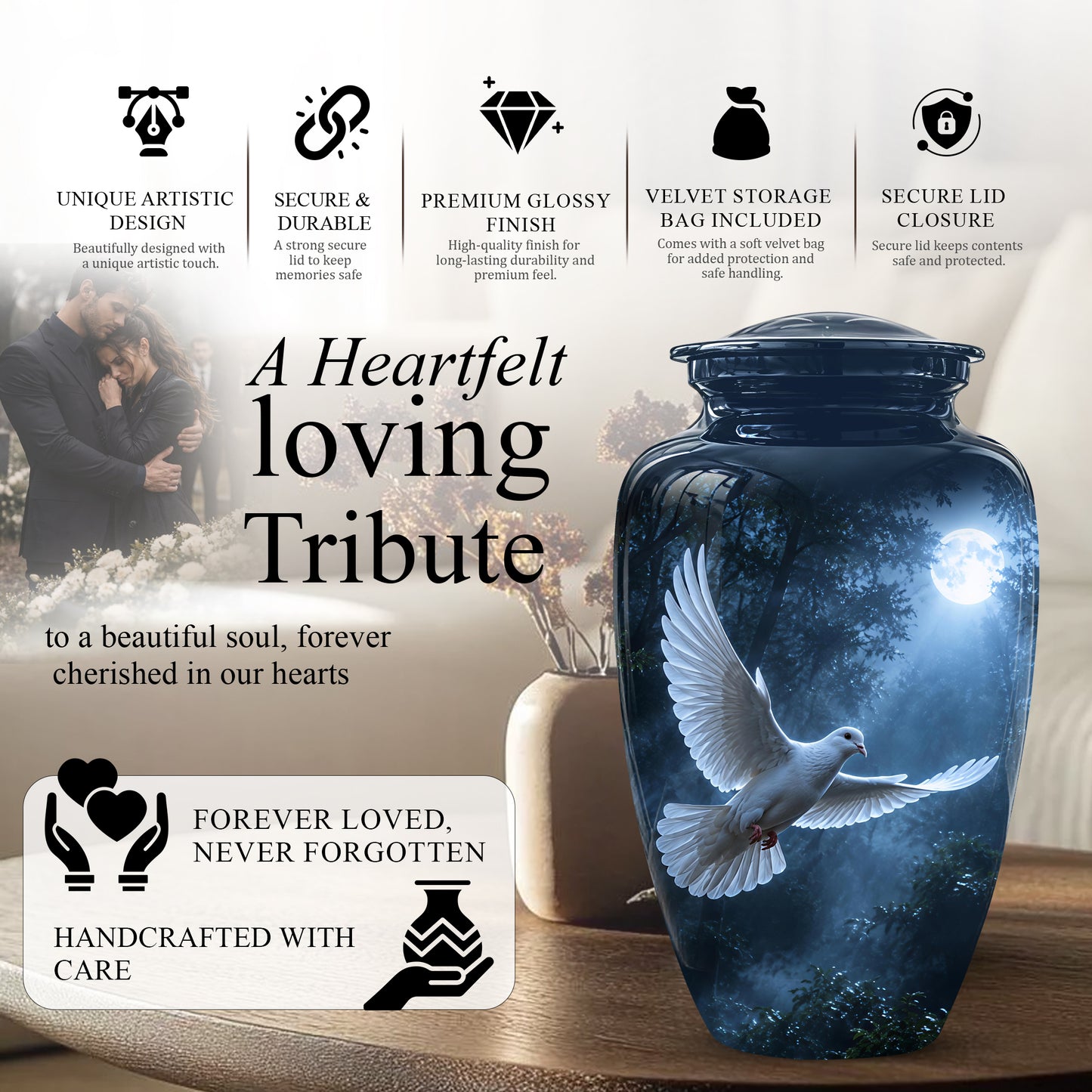 White Flying Dove Cremation Urn - Night Moon Memorial Urns For Ashes