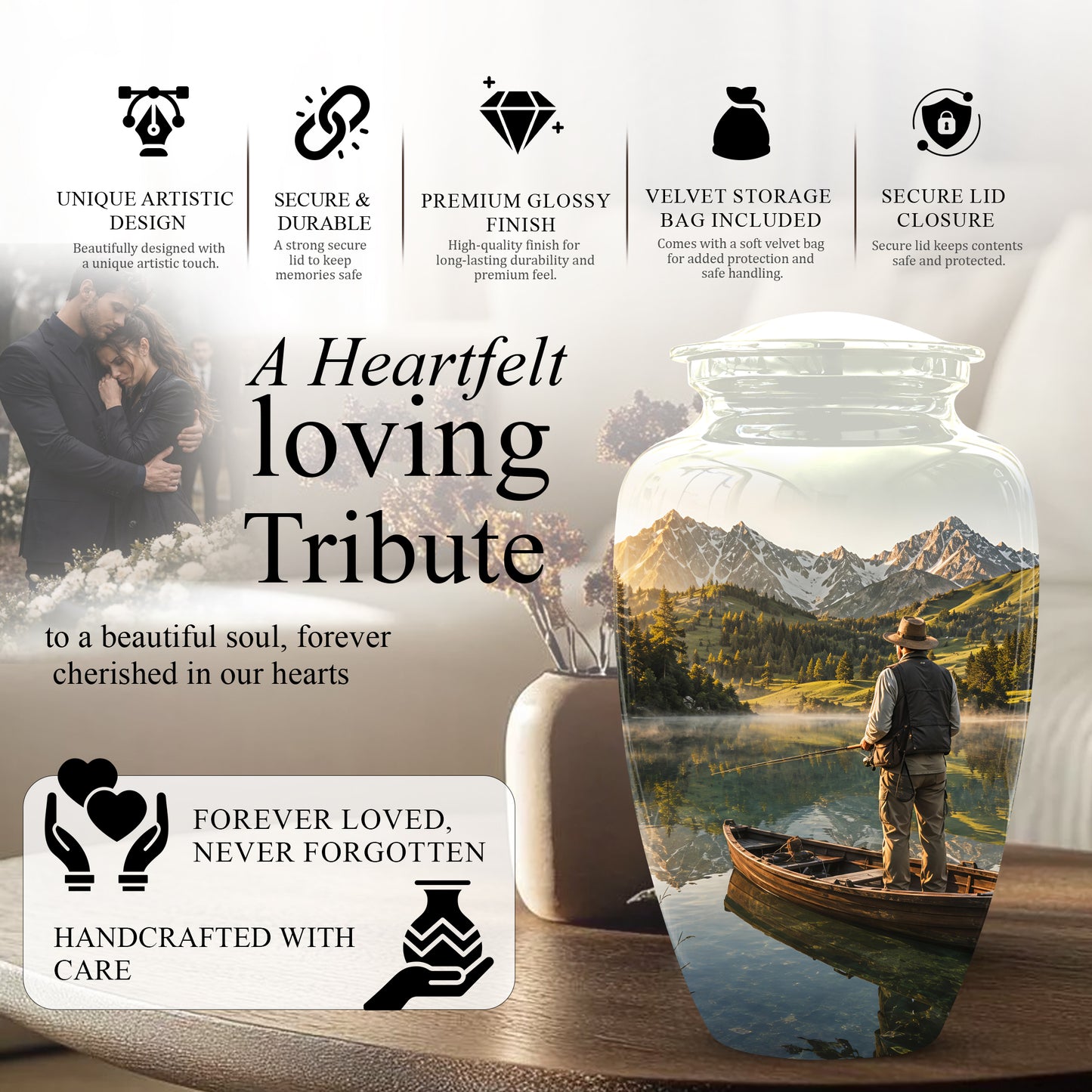 Fishing Cremation Urn - Artistic Landscape Fishing Urns For Dad Ashes