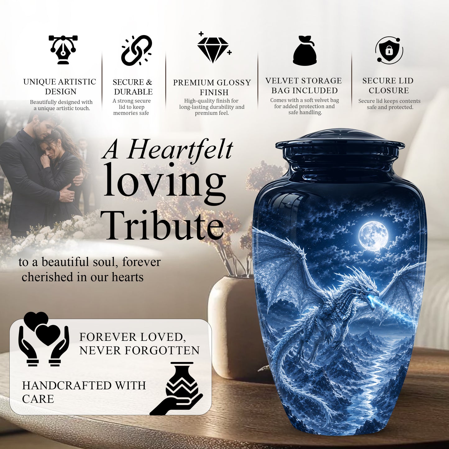White Dragon Cremation Urn - Majestic Classic Dragon Urns For Human Ashes