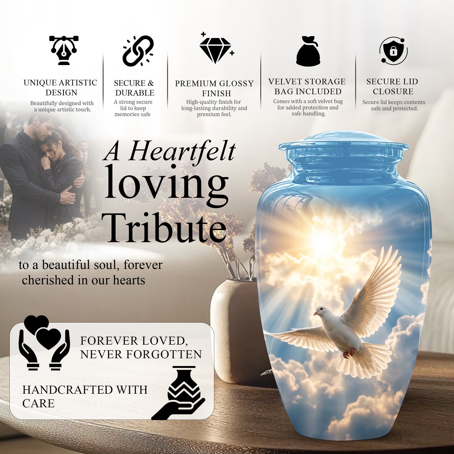 White Dove Bird Themed Urn - Custom Handcrafted Memorial Urns For Ashes