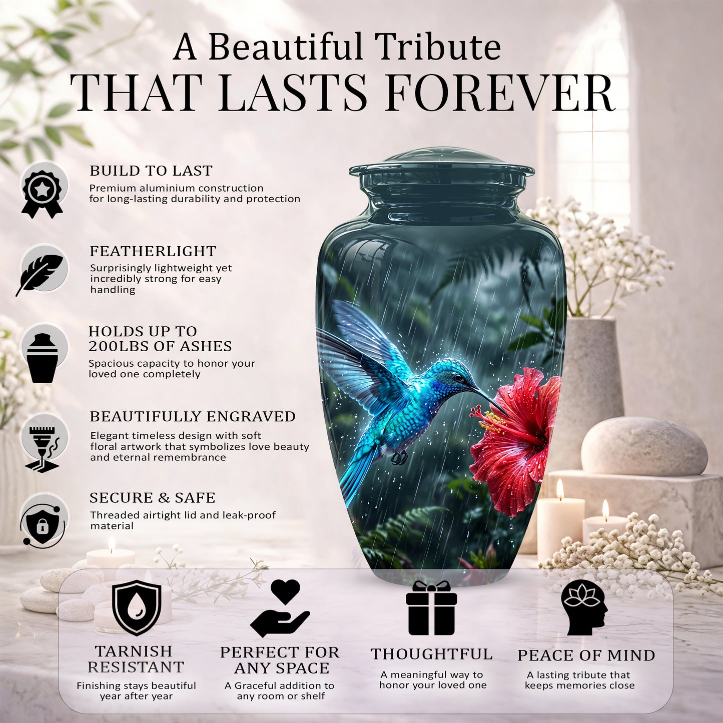 Blue Hummingbird With Red Flower - Personalized Memorial Urns For Ashes