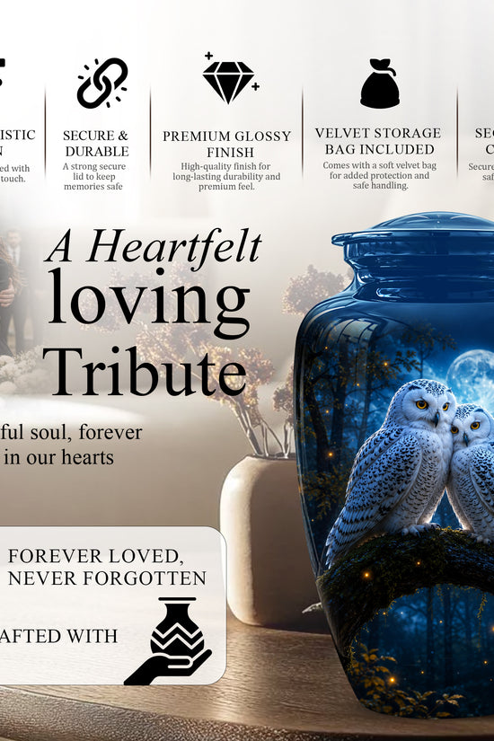 Snowy Owls Cremation Urn - Moonlight Owl Funeral Urns For Human Ashes